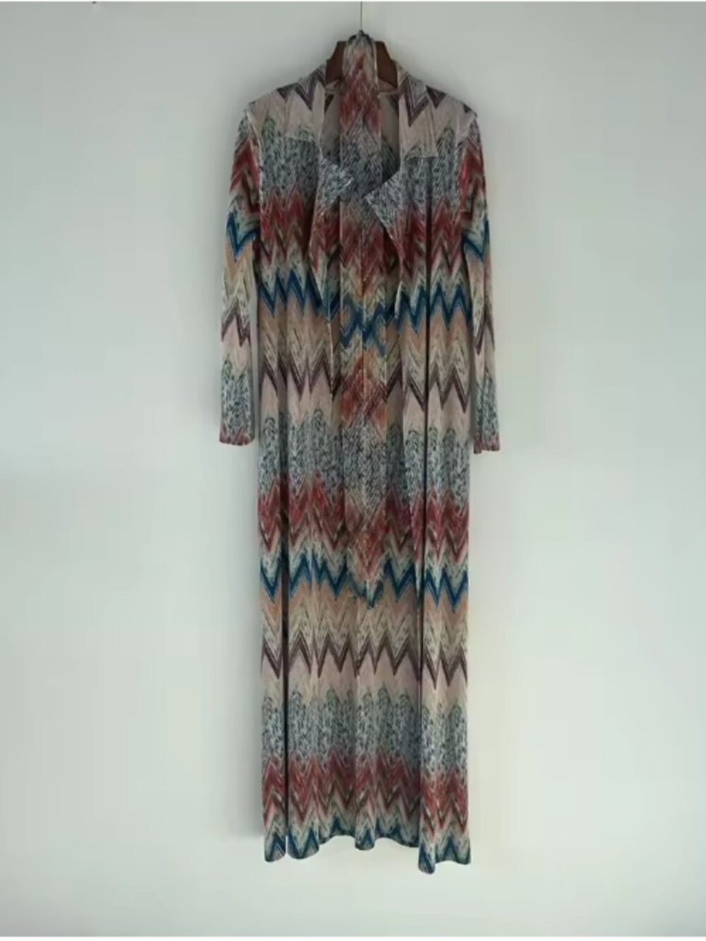 Multi-Color Boho Chevron Pleated Trench Duster Jacket with Belt - One Size - Picture 14 of 15